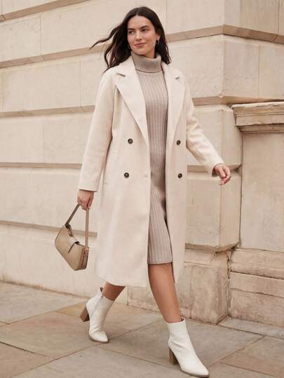 Juhart Plus Size Women's Solid Color Double-Breasted Lapel Neck Long Sleeve Casual Woolen Coat, Autumn/Winter Fall Cloth For Women