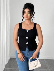 Elenzga Women's Summer Black Textured Square Neck Sleeveless Fitted Vest, Camellia Button Waist Design, Stylish Vest For Everyday Wear, Shopping, Or As An Inner Layer Or Outer Layer. - Black - View 4