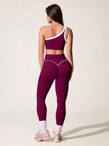 SHEIN Sports 无缝单肩瑜伽背心和高弹提臀女士运动套装 - 中紫紅色 - 查看 2