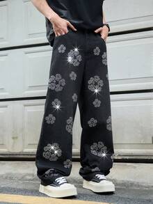 Manfinity EMRG Quần jean denim đen dáng rộng, ống thẳng, in họa tiết đính đá kiểu Mỹ cổ điển. - màu đen - Xem 4