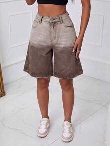 SHEIN ICON Quần short denim ống rộng dáng rộng, kiểu dáng thường ngày, màu ombre, dành cho nữ, thích hợp mặc mùa hè. - màu nâu - Xem 4