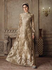 Anewsta Women's New Elegant Flared Long Sleeve Embroidered Dress, Apricot/Champagne Color, Suitable For Party, Birthday, Valentine's Day - Gold - View 3