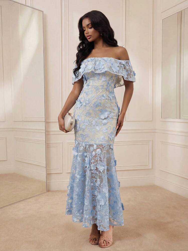 Women's Elegant Strapless Embroidered Mermaid Dress, Suitable For Wedding Guest, Summer Party