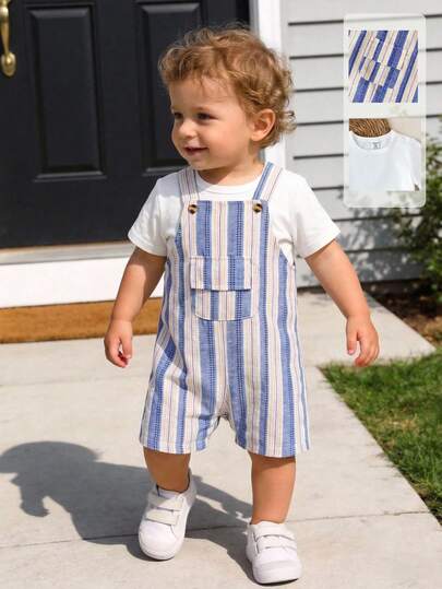 Playful Pals 2pcs Baby Boys Round Neck White Short Sleeve T-Shirt With Shoulder Opening & Button + Blue & White Striped Suspender Shorts Casual Cute Retro Minimalist Set, Suitable For Summer Outings Or Home Wear