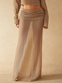 Silquee Chân váy đuôi cá xếp ly mỏng nhẹ cạp thấp màu kaki, kiểu dáng thanh lịch và gợi cảm, thích hợp cho đi biển, hẹn hò, tiệc tùng, tiệc cocktail, họp mặt, lễ hội âm nhạc. - Màu Khaki - Xem 1