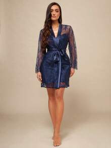 Silquee Women's Lace Long Sleeve Belted Robe And Cami Nightgown Pajama Set, Fall Winter Clothes Elegant Women's Navy Satin Pajama Set With Lace Robe Luxurious Nightwear Sleepwear Women's Sexy Navy Blue Satin Chemise And Lace Robe Two Piece Pajama Set Loungewear Navy Satin Slip Dress With Cowl Neck And Sheer Lace Kimono Robe Women's Lingerie Set Sexy Lace Sleep Spandex Valentine's Day Victoria Secret Sexy Curve Romantic Luxenights  Gowns Sleep  Blue Lingerie Dress Robe Lingerie Set Sexy Night Dress Sexy Coverups Swimwear Sheer Nightgown - Blue - View 4