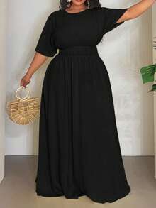 SHEIN CURVE+ 2026春夏新款大码度假休闲/日常休闲/外出/优雅派对/浪漫纯色黄色插肩袖弹力腰部收褶大A字摆梭织纹理面料女式长裙 - 黑色 - 查看 3