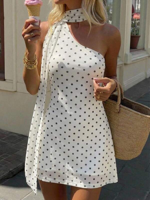 Aloruh Women's Polka Dot Print Asymmetrical Shoulder Backless Ruffle Hem Mini Dress Summer Summer Outfits Summer Clothes Beach Outfits For Woman  Beach Vacation Vacation Outfits Woman Boho  Tropical Vacation Woman Clothe