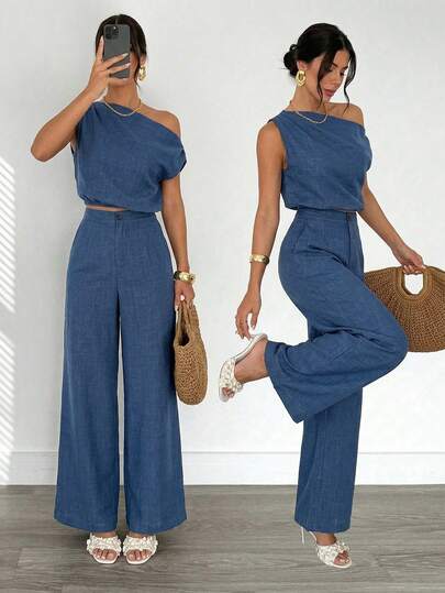 Firerie 女士不对称露肩宽松镀金无袖上衣搭配松紧腰阔腿裤套装，适合约会、派对、日常通勤、音乐节、毕业典礼、教师装、正式场合等场合。