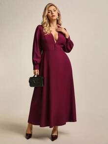 Juhart 加大码 V 领收腰复古 A 字连衣裙，教师节优雅休闲连衣裙，后系带设计 - 紫色 - 查看 3