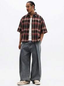 SUMWON 男士休闲红黑格子短袖衬衫，夏季周末宽松版型棉质法兰绒上衣 - 酒紅色 - 查看 3