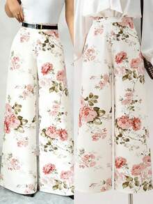 SHEIN Elenzya Women's Elegant Commuter Floral Print Wide Leg Pants - Multicolor - View 1