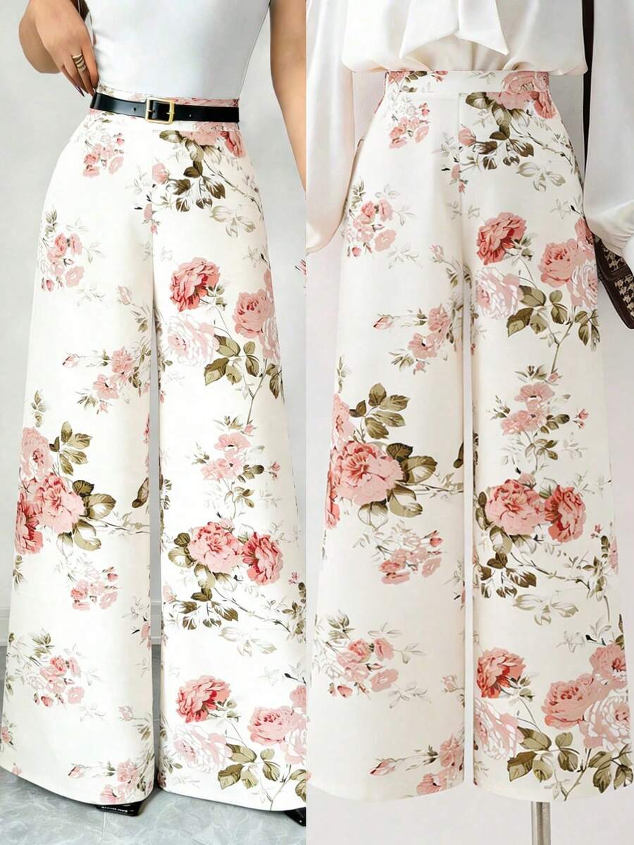 SHEIN Elenzya Women's Elegant Commuter Floral Print Wide Leg Pants - Multicolor - View 1