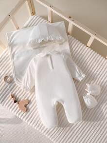 Newborn Simple White Long Sleeve Romper Set, Includes Blanket, Hat, Mittens, Multi-Piece Homeware - White - View 2