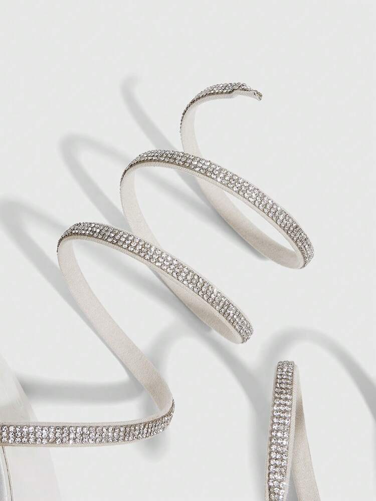 CUCCOO SZL Pointed Fashion Hollowed-Out Sexy Rhinestone Satin Snake-Shaped Wound Stiletto Head Beige High Heels