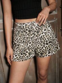 Anewsta Women's Leopard Print Casual Versatile Daily Wear Denim Shorts - Apricot - View 1