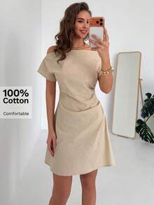 Aloruh Đầm ngắn nữ mùa hè kiểu dáng thường ngày, màu trơn, cổ lệch. - Màu be - Xem 5