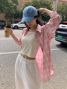 DAZY Women's Plaid Loose Casual Long Sleeve Shirt - Baby Pink - View 9