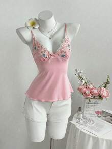 Elamini 夏季休闲度假女士吊带粉色刺绣蕾丝边抹胸上衣，可爱针织弹力腰A字吊带背心，适合婚礼季、海滩度假 - 粉色 - 查看 7