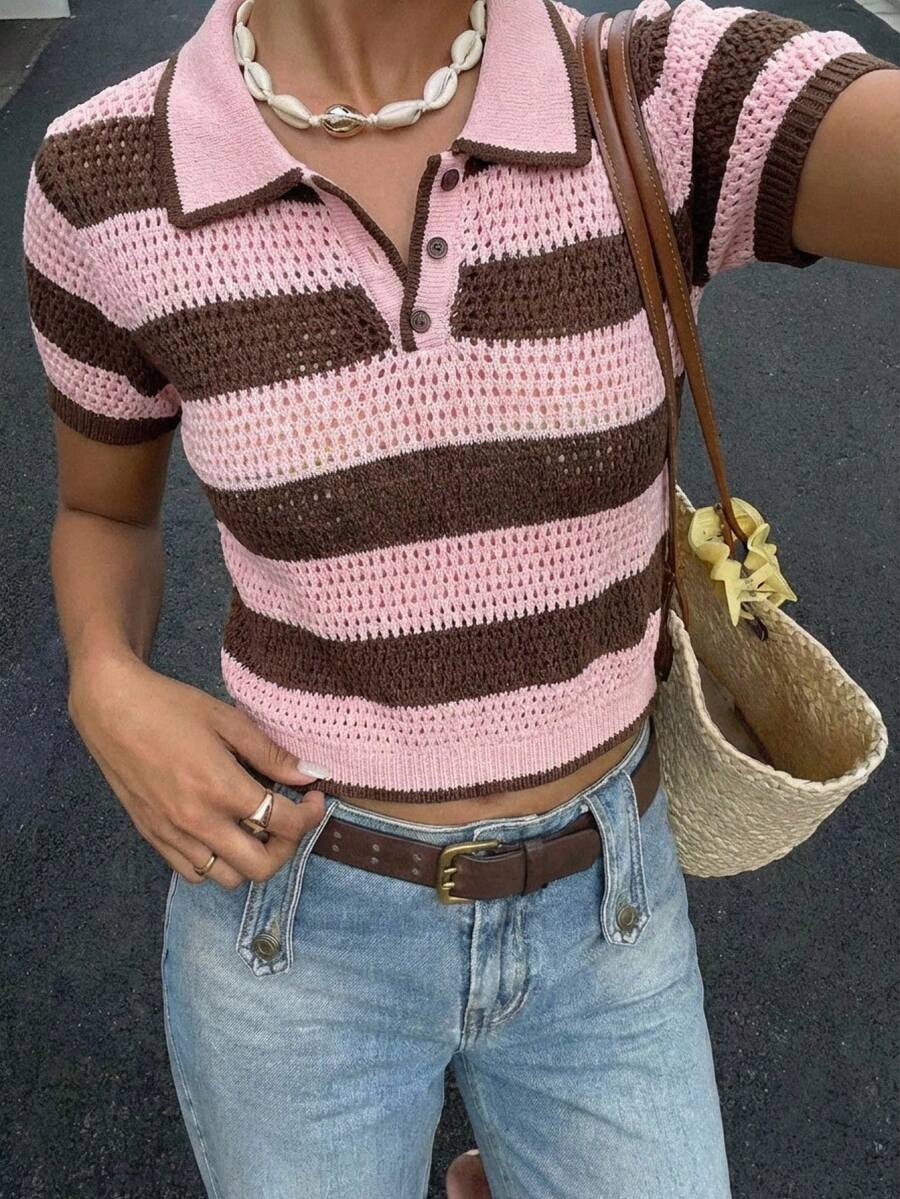 SHEIN EZwear New Summer Vacation Holiday Striped Print Button Hollow Casual Short Sleeve Women Sweater - Multicolor - View 1