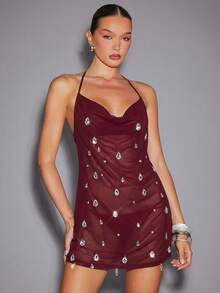 Hauture Gaun Mini Wanita Seksi Transparan Bahan Chiffon Biru Muda dengan Detail Kristal dan Kerah Model Cow Neck - Coklat - View 4
