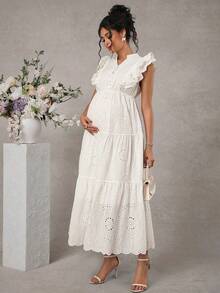 SHEIN 孕妇度假休闲纯色镂空刺绣连衣裙 - 藍色 - 查看 3