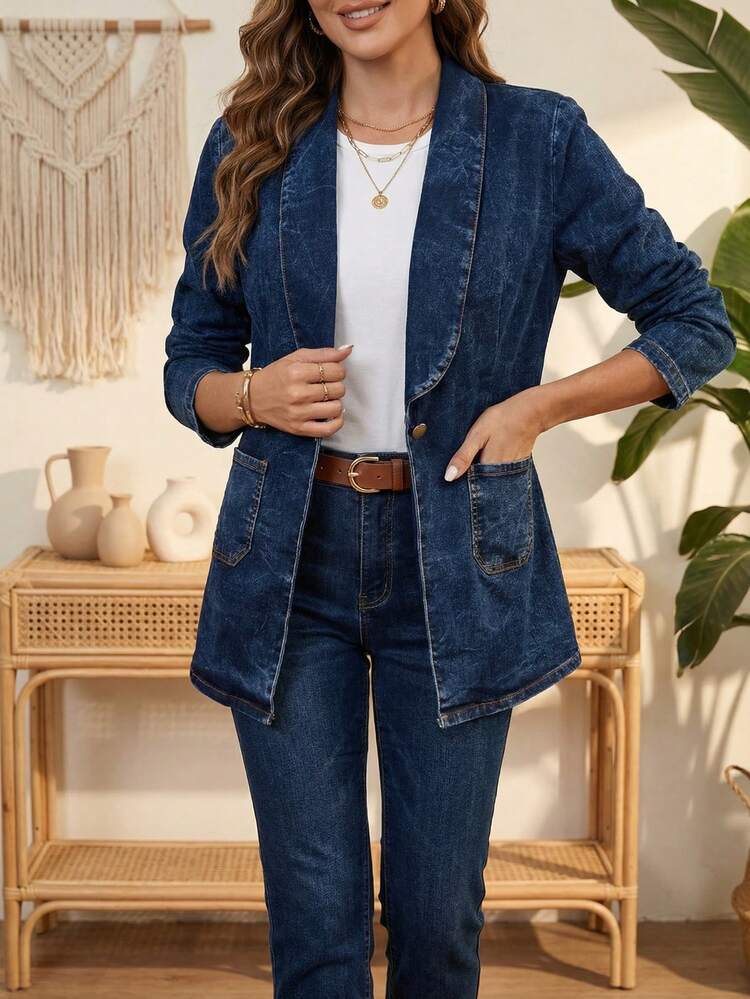 Saco Blazer Chamarra Chaqueta Campera de Mezclilla Denim para Mujer Dama casual  tejido vaquero solapa tipo smoking bolsas bolsillos parche frontales botón dorado metálico costuras en contraste deslavado tipo acid wash diario día noche primavera verano oficina cool urbano moderno juvenil y2k aesthetic cómodo fresco strech ajustado ceñido asiluetado atemporal largo saquito oversize - azul real - Añade 4