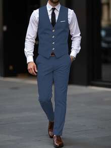 Manfinity Mode Men Business Formal Button Front Vest Suit Jacket And Tailored Pants And Men Vest Suit Clothing 2 Pieces Set - Navy Blue - View 5