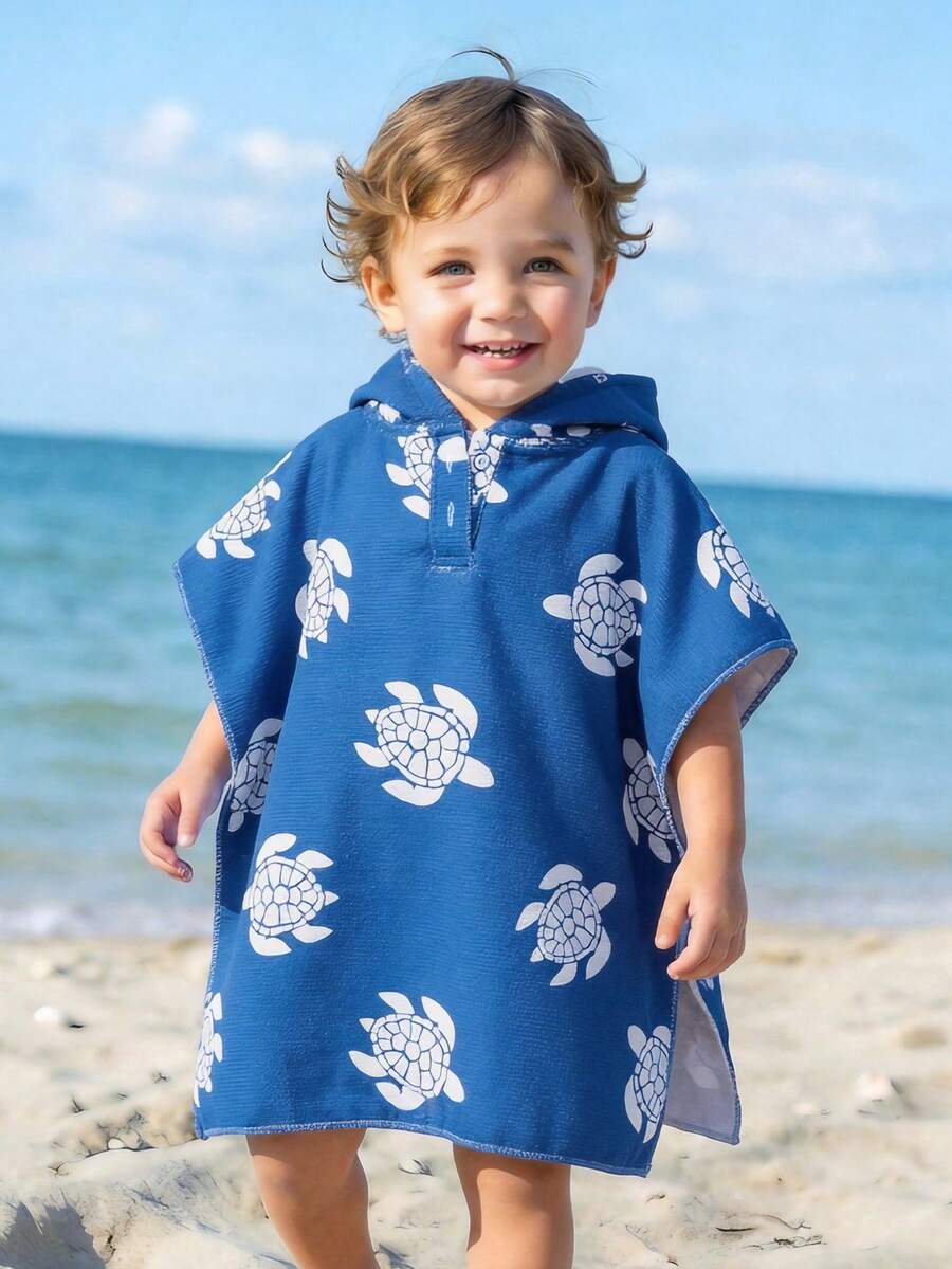 幼儿男童浅绿色卡通海龟印花连帽泳衣罩衫，婴幼儿尺码，V领连帽斗篷，婴儿可穿戴浴巾，沙滩披肩，沐浴游泳必备 - 寶藍色 - 查看 1