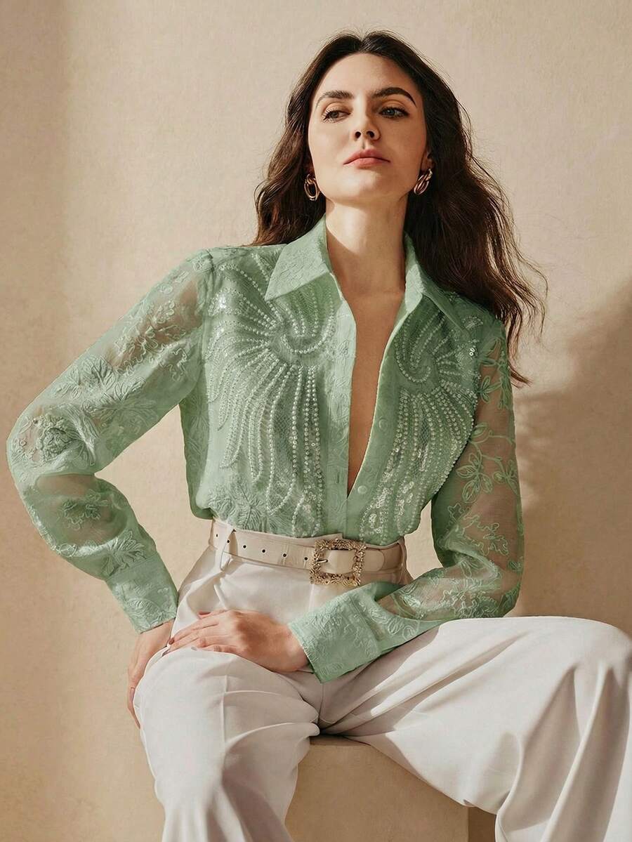 Anewsta 法国奢华串珠亮片刺绣领长袖女式衬衫，修身百搭 - 綠色 - 查看 1