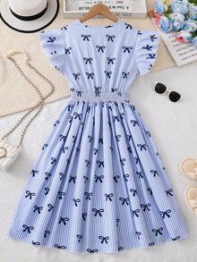 SHEIN 1 chiếc đầm dài mùa hè cho bé gái, kiểu dáng thanh lịch, thắt eo, in họa tiết hoa và nơ. - trắng - Xem 6