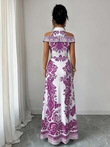 Elenzga Đầm nữ thanh lịch in họa tiết Paisley, kiểu trễ vai, cổ yếm, thích hợp cho mùa hè. - Màu Hồng Tươi - Xem 2