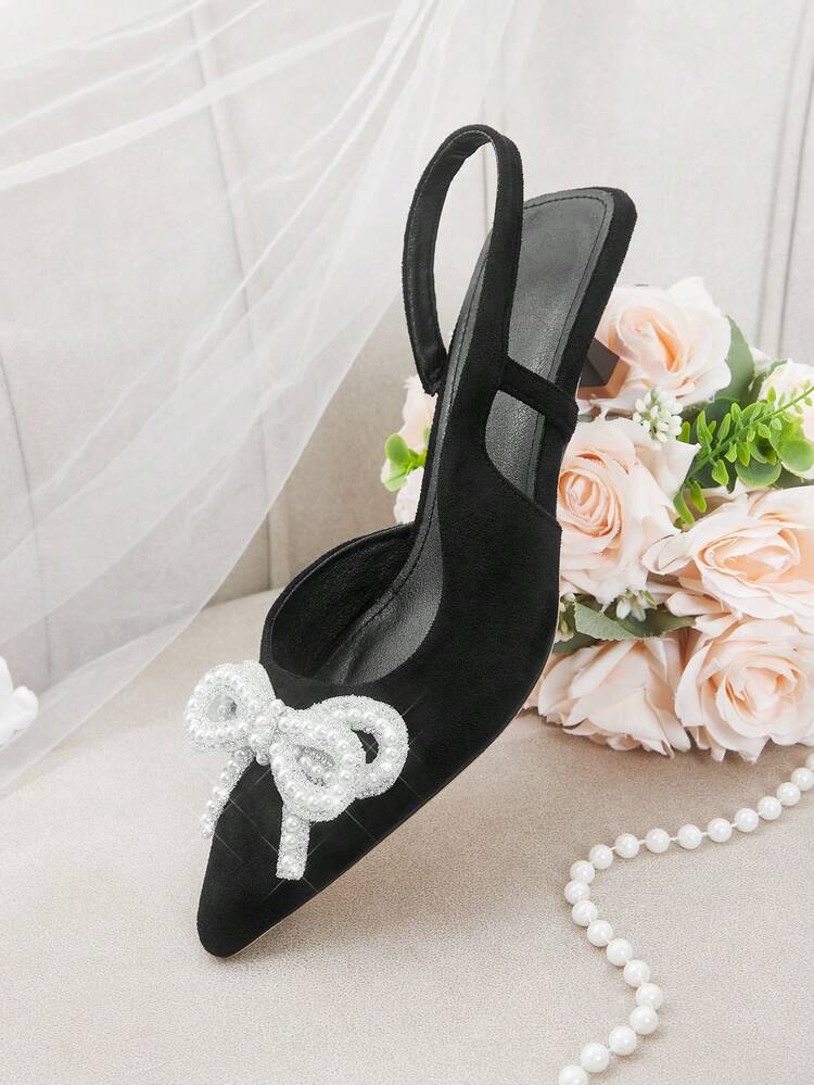 CUCCOO HITCHD Women's High Heel Pumps With Pearl, Rhinestone Bow Decor, Pointed Toe, Black, Elegant & Romantic, Suitable For Wedding, Bride, Bridesmaid Wedding Shoes Summer Shoes Bride Shoes