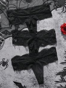 3pcs/Set Women's Black Lace Splice Comfortable Sexy Thong Panties - Black - View 9