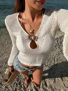 Breezaya Camiseta casual de manga larga con cuello en V y tejido de punto hueco para mujer, tops de punto de primavera/verano, tops de punto blancos de manga larga para el verano, tops de punto para mujer - Blanco - Ver 7