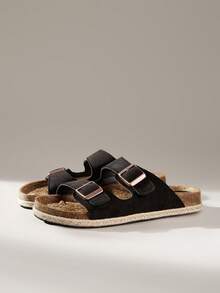 Solecia 女鞋双带金属扣露趾平底休闲度假风麻绳底仿麂皮女式凉拖鞋，适合日常街头和旅行穿着 - 黑色 - 查看 3