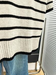 SHEIN Franclia 新款春夏韩版休闲宽松个性条纹撞色针织女式上衣 - 米色 - 查看 3