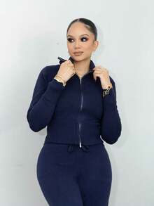 Melissa Matos 2pcs/Set Women Casual Long Sleeve Top And Flared Pants Suit, Navy Blue,Fall - Navy Blue - View 5