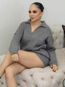 Melissa Matos 2件套女士宽松休闲灰色毛衣，秋冬 - 深灰色 - 查看 3