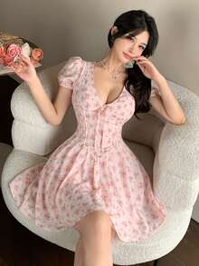 Joudiya 春夏粉色系带撞色碎花休闲甜美少女情人节婚礼派对鸡尾酒会连衣裙，优雅修身迷你连衣裙 - 粉色 - 查看 2