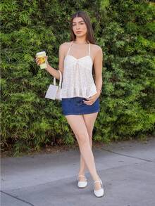 Andrea Bello Top camisola con empalme de encaje en unicolor y detalle trenzado, estiloso para el verano - Albaricoque - Ver 5