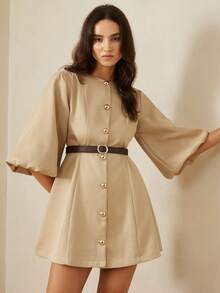 Vestido de punto de espiga con mangas de linterna, diseño elegante y versátil de alta gama - Caqui - Ver 4