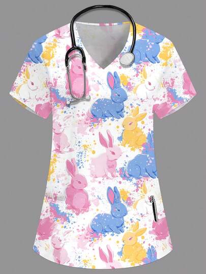 PopScrub 女士V领短袖双口袋卡通兔子印花上衣，医生工作服/体检手术服