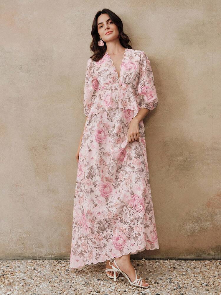 Women's Spring/Summer Vacation New Arrival Birthday/Date/Party/Wedding Season/Mother's Day Elegant Fashion Digital Print Hollow Lace Waist Flare Dress