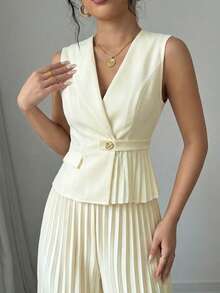 Elenzga Bộ đồ công sở thanh lịch, lãng mạn, tối giản dành cho nữ, gồm áo blazer không tay cổ lệch, eo thắt, xếp ly, cài nút trang trí và quần dài. - Vàng nhạt - Xem 6