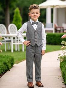 SHEIN 3pcs Young Boy Gentleman Outfit: Gray Vest, Elastic Waist Pants, Bow Tie & Long Sleeve Shirt, Cute Spring/Summer For Toddler Boys - Grey - View 1