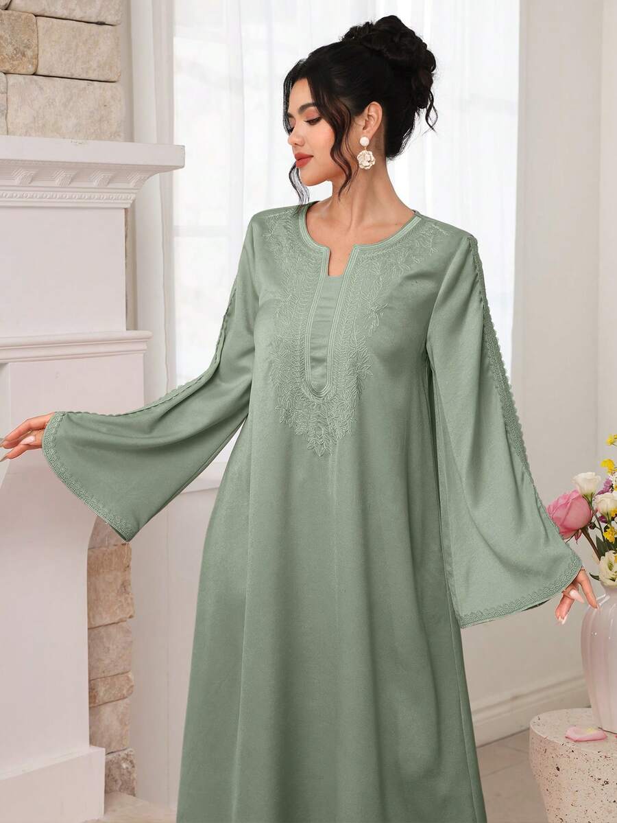 SHEIN Najma Embroidered Floral Trim Patchwork Long Sleeve Maxi Dress, Turkish & Arabic Traditional Style - Green - View 1
