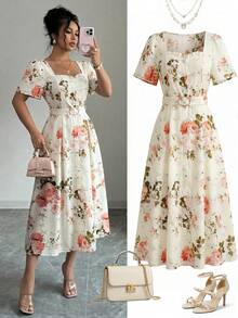 xheFranclia Vestido elegante de mujer con cuello corazón, mangas cortas abullonadas y diseño de botonesxhe - Albaricoque - Ver 7
