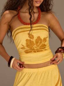 Athîral 女士印花抹胸上衣和阔腿裤休闲两件套 - 黃色 - 查看 4