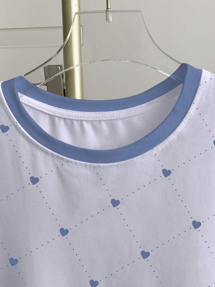 Resyla Camiseta casual de mujer de manga corta con cuello redondo, estampado de corazón y bloques de color - Blanco - Añade 3